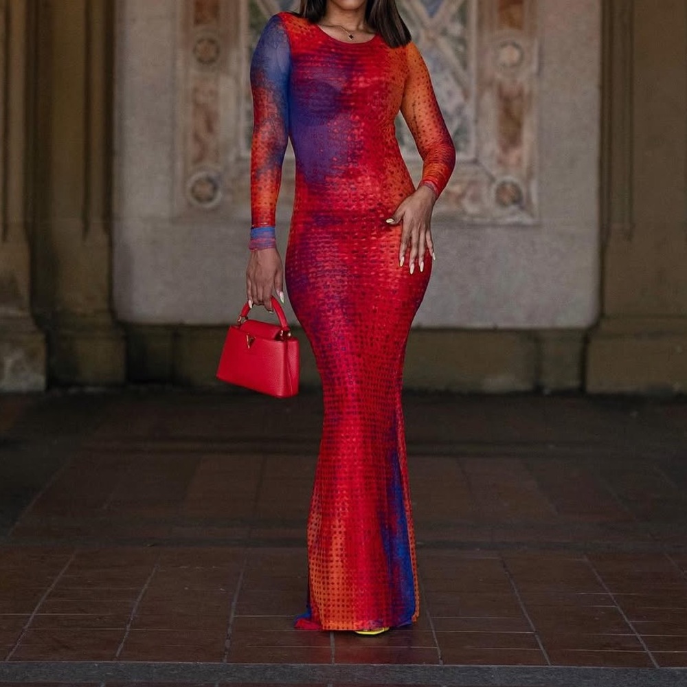Red Ombre Long Sleeve Bodycon Maxi Dress